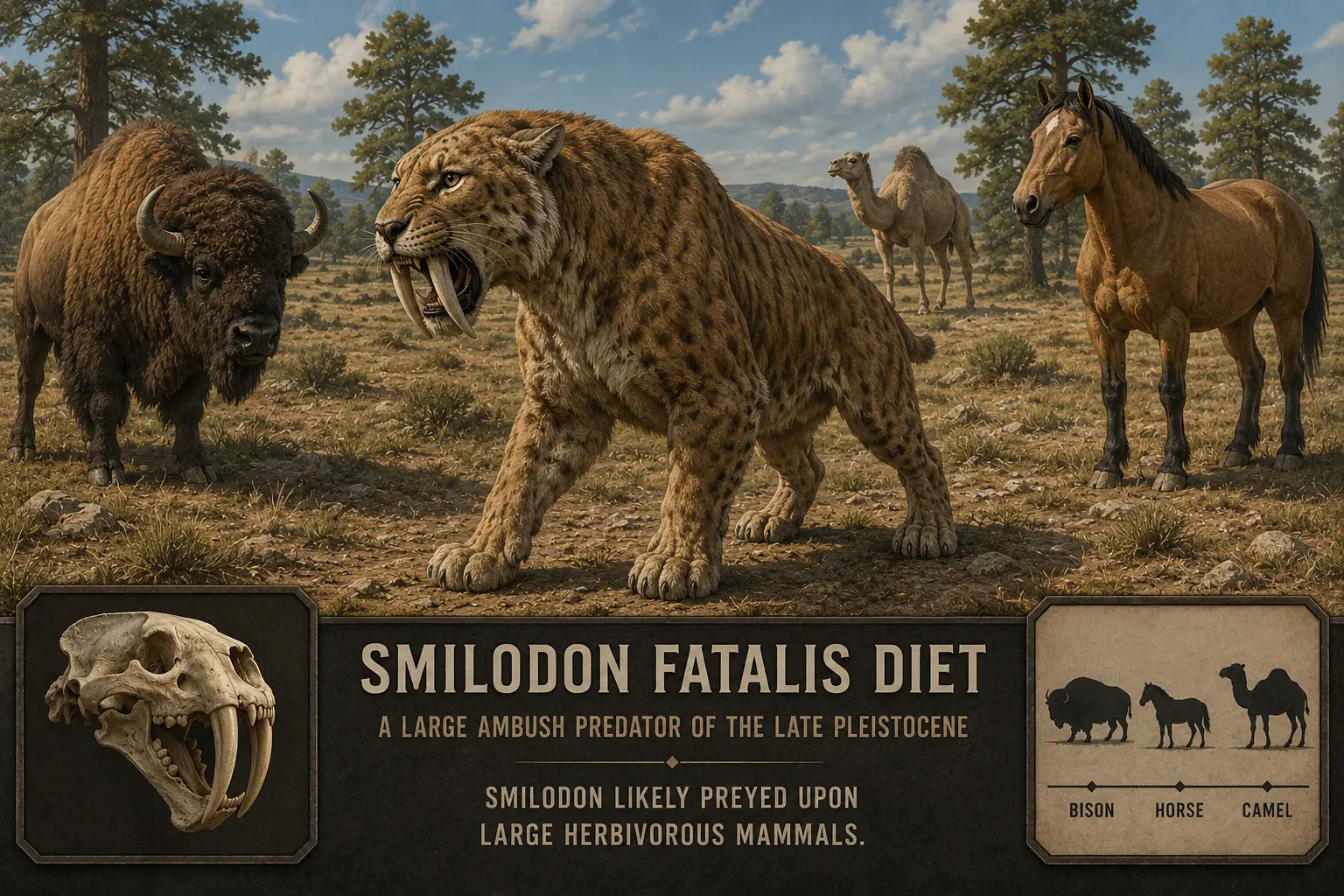 Photorealistic educational spoke image showing Smilodon fatalis alongside three likely prey animals from the Late Pleistocene: a bison, a horse, and a camel. The saber-toothed cat stands prominently in the center with elongated upper canines and powerful forequarters clearly visible. Insets show a Smilodon skull and prey silhouettes. The composition teaches that Smilodon likely preyed upon large herbivorous mammals including bison, horses, and camels.