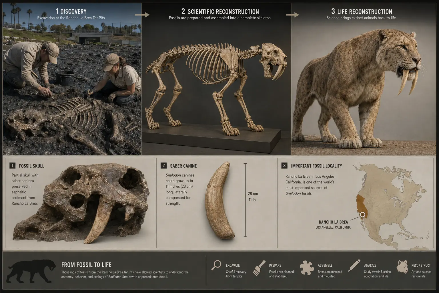 Educational infographic showing how scientists reconstruct Smilodon fatalis from fossil evidence. The top row presents a chronological sequence from fossil excavation at Rancho La Brea, to an assembled Smilodon skeleton, to a life reconstruction of the living saber-toothed cat. Supporting panels show a fossil skull with preserved saber canines, an isolated saber tooth, and a map identifying Rancho La Brea in Los Angeles, California. The image explains how fossil discoveries are transformed into scientific reconstructions of extinct animals.