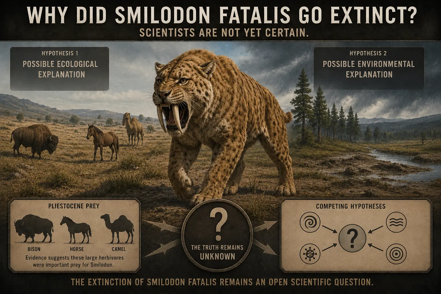 Photorealistic educational spoke image exploring the extinction of Smilodon fatalis. A saber-toothed cat stands at the center of a Late Pleistocene landscape, surrounded by panels representing possible ecological and environmental explanations for its disappearance. Additional panels show likely prey animals, including bison, horses, and camels, while abstract symbols illustrate competing scientific hypotheses converging on an unknown outcome. The composition teaches that the extinction of Smilodon fatalis remains an unresolved scientific question.