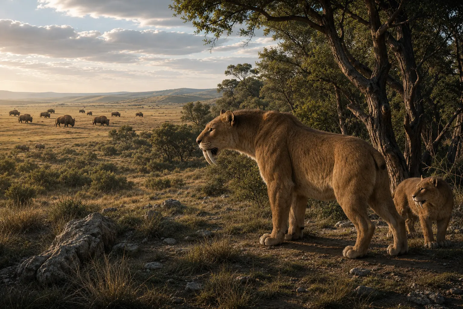 Adult and juvenile Smilodon fatalis stand at the edge of a Late Pleistocene woodland overlooking open grassland and scrubland. The adult's elongated saber teeth, powerful forequarters, and short tail are clearly visible. A distant herd of bison grazes across the plains, illustrating the mixed woodland–grassland habitat occupied by Smilodon in western North America. The image's educational purpose is to show where Smilodon lived and the ecological setting it inhabited.