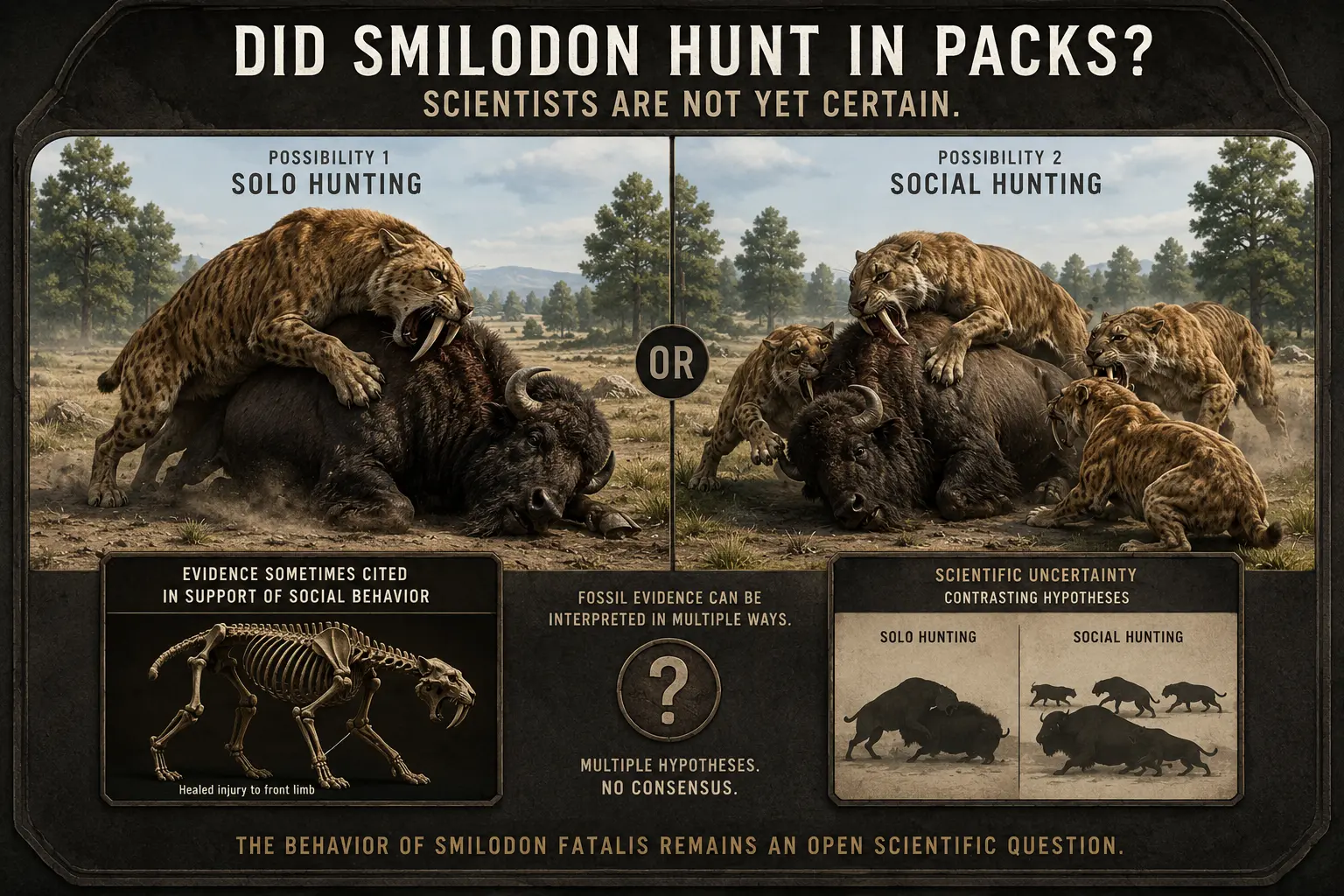 Photorealistic educational spoke image comparing two competing hypotheses for the hunting behavior of Smilodon fatalis. On the left, a single saber-toothed cat restrains a bison, representing solitary hunting. On the right, several Smilodon individuals surround a similar bison, representing social hunting. Supporting insets show a healed-injury fossil specimen and a visual comparison of the two hypotheses. The composition teaches that scientists have not reached a consensus on whether Smilodon hunted alone or in groups, and that the behavior remains an open scientific question.
