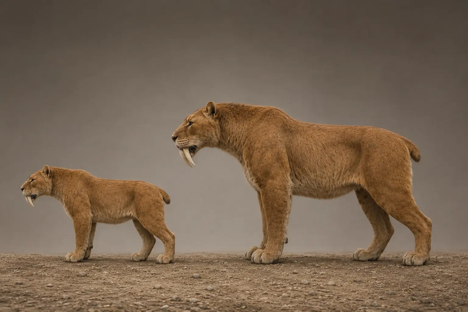 Side-by-side comparison of a juvenile and adult Smilodon fatalis shown in full lateral view on the same ground plane. The juvenile stands on the left and the much larger adult stands on the right. Both display elongated saber teeth, powerful forelimbs, deep chests, and short tails. The educational purpose of the image is to demonstrate the substantial size difference between juvenile and adult Smilodon and illustrate how the animal grew into a heavily built apex predator.