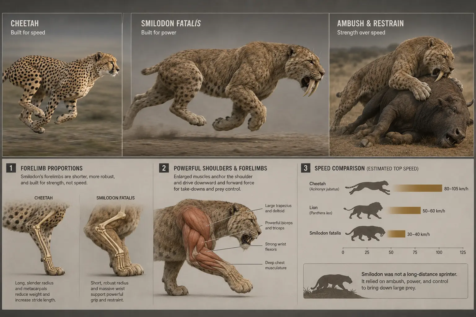 Educational infographic comparing the locomotion of a modern cheetah and Smilodon fatalis. The top row contrasts a sprinting cheetah, a running Smilodon, and a prey-restraint scene showing Smilodon overpowering a large herbivore. The lower panels compare forelimb proportions, shoulder musculature, and relative running performance. The image demonstrates that Smilodon was built for ambush hunting, strength, and prey control rather than extreme running speed.