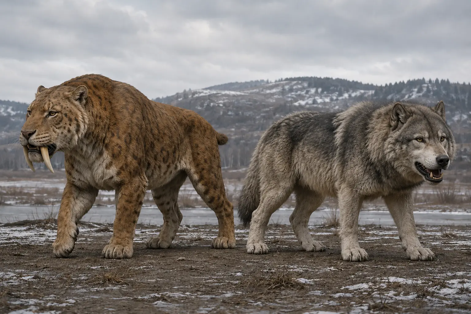 Photorealistic comparison of two Ice Age predators shown at the same scale. On the left, Smilodon fatalis, a heavily built saber-toothed cat with massive forequarters, a short tail, and long saber-like upper canines. On the right, Aenocyon dirus (Dire Wolf), a robust wolf-like predator with a broad head, thick neck, powerful shoulders, and dense gray fur. Both animals stand side-by-side in a cold Late Pleistocene landscape with patches of snow and distant hills, allowing direct comparison of feline and canid predator body plans.