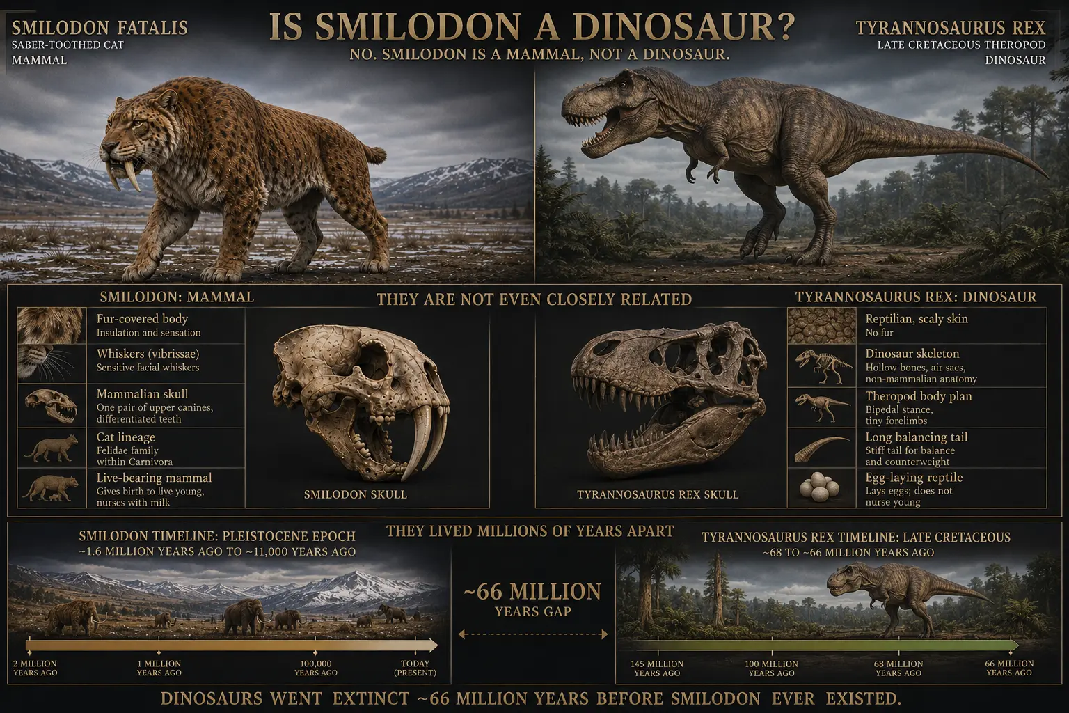 Educational comparison infographic showing why Smilodon was not a dinosaur. A life reconstruction of Smilodon fatalis is shown beside Tyrannosaurus rex. Supporting panels compare mammalian and dinosaur characteristics, fossil skulls, reproductive traits, and geological timelines. The infographic highlights that Smilodon was a fur-covered mammal that lived during the Pleistocene, while Tyrannosaurus rex was a dinosaur that lived during the Late Cretaceous roughly 66 million years earlier.