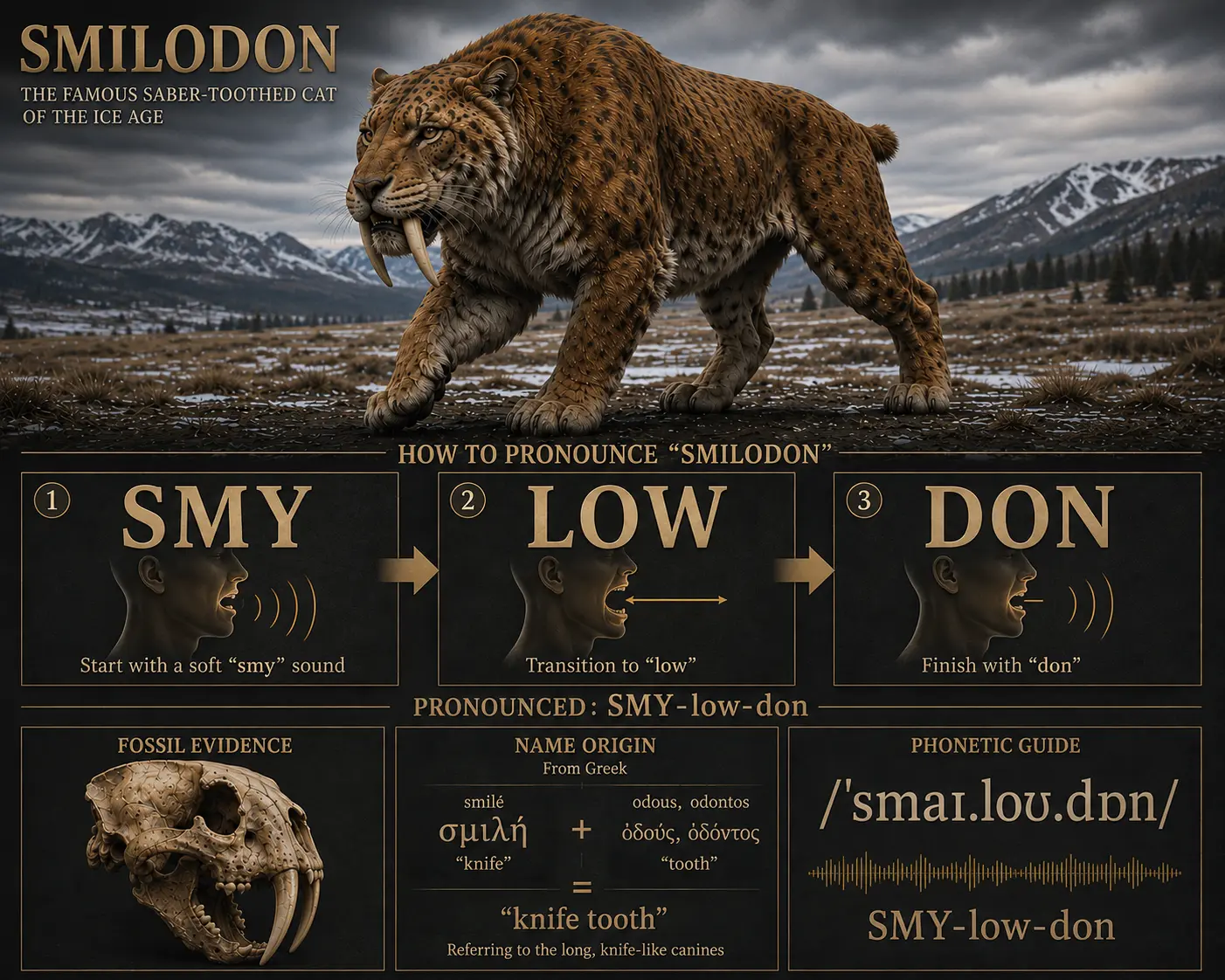 Educational infographic showing how to pronounce Smilodon, the famous saber-toothed cat of the Ice Age. A life reconstruction of Smilodon appears above a pronunciation guide breaking the word into three syllables: SMY, LOW, and DON. Additional panels show a Smilodon skull fossil and the Greek origins of the name, meaning “knife tooth.”