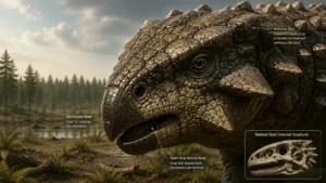 Featured image showing a close-up reconstruction of the skull of Ankylosaurus magniventris with labeled callouts identifying its armored skull, keratinous beak, tooth row, and internal skeletal skull structure. The dinosaur stands in a Late Cretaceous floodplain environment.