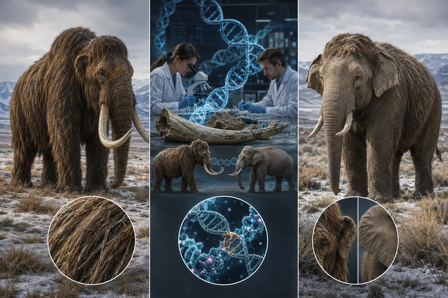 Educational composite showing a woolly mammoth, genetic research using ancient mammoth DNA, and an elephant with mammoth-like traits, illustrating how scientists propose creating mammoth-adapted elephants through genetic engineering rather than truly resurrecting extinct mammoths.