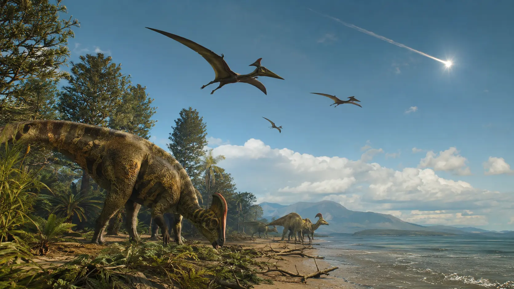 Artist reconstruction of a Late Cretaceous coastal ecosystem moments before the Chicxulub asteroid impact 66 million years ago.