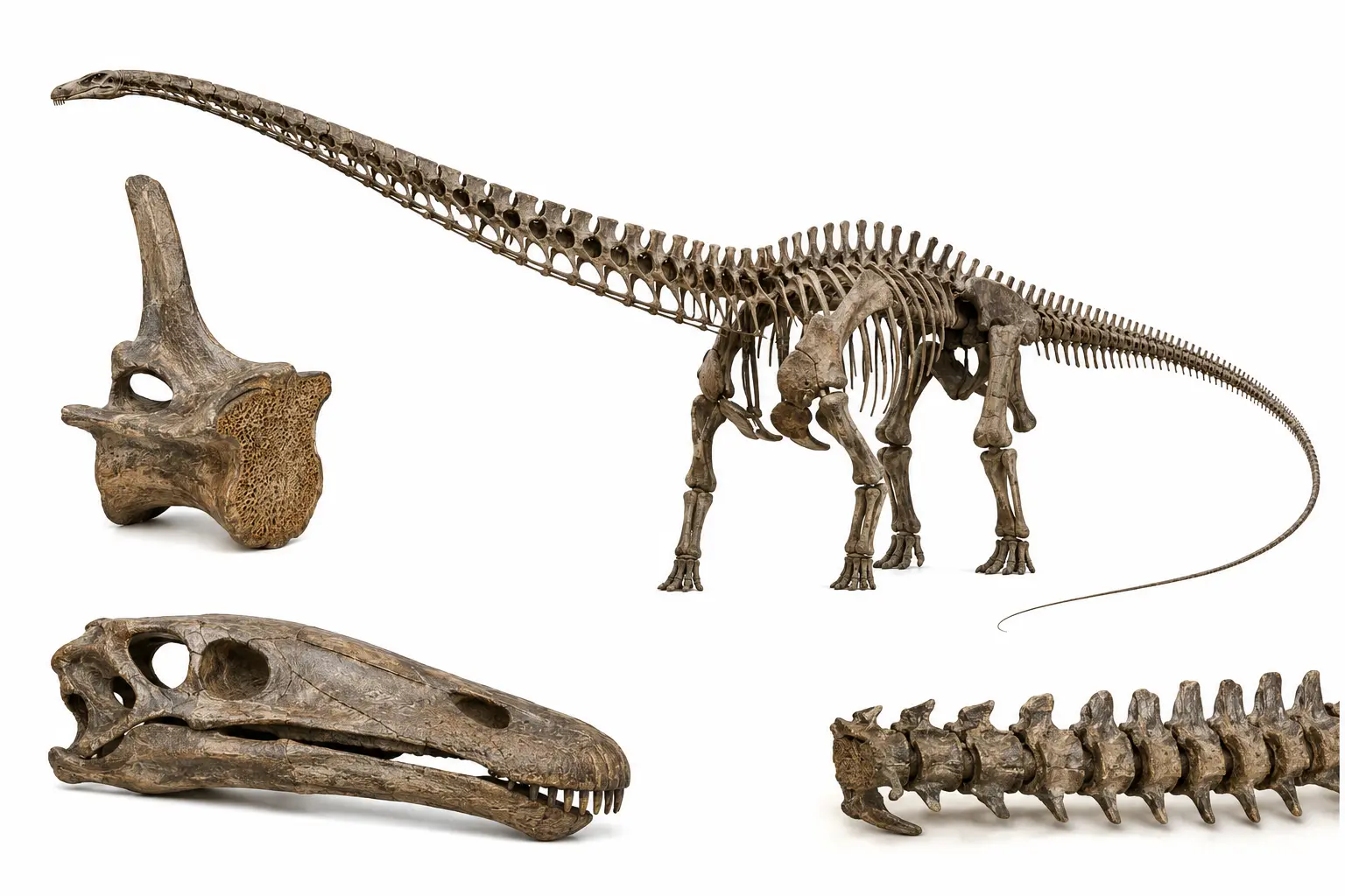 Diplodocus fossil and classification infographic showing a mounted skeleton alongside skull, neck vertebra, and tail vertebra specimens used to identify the giant Jurassic sauropod.