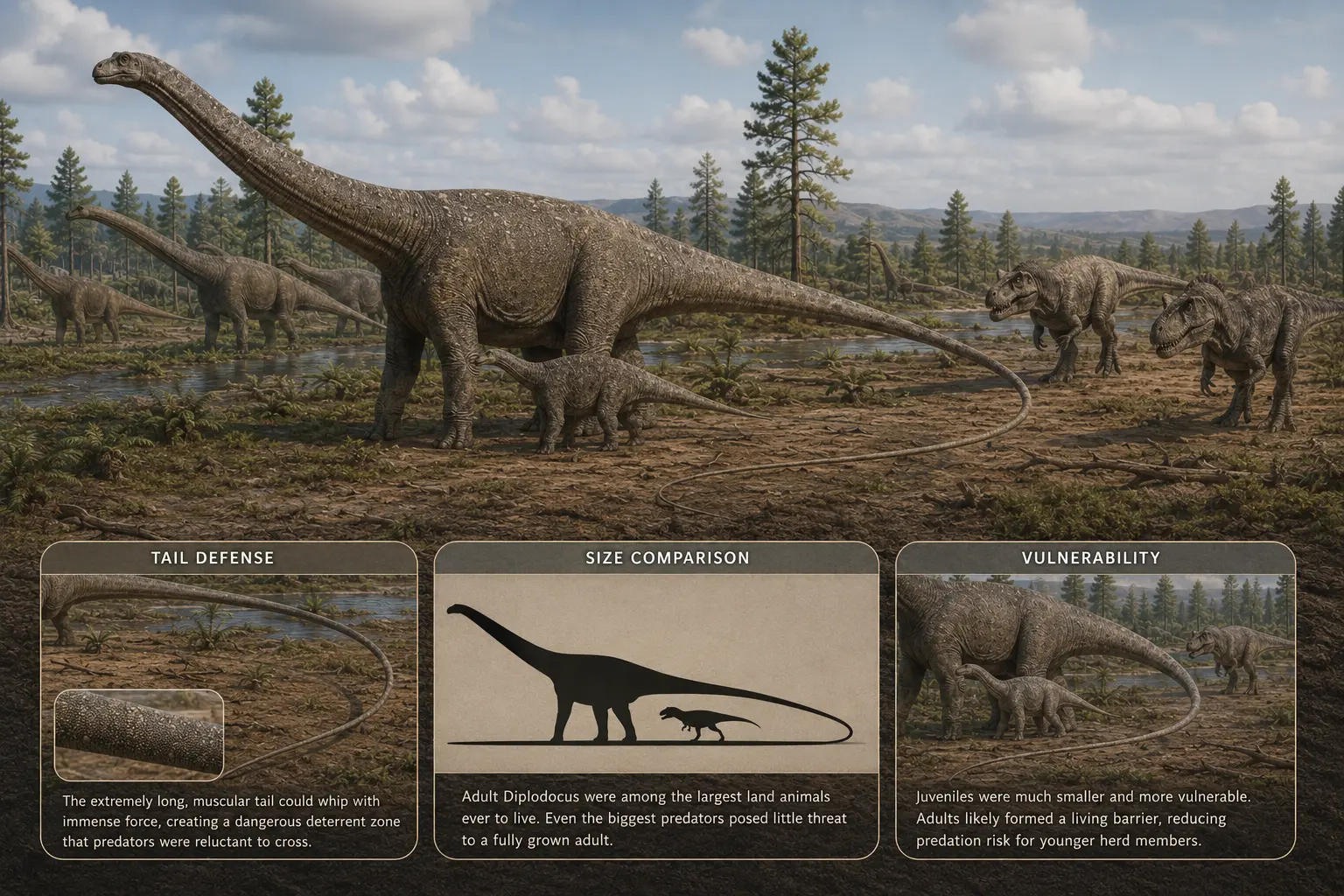 Photorealistic reconstruction of an adult Diplodocus protecting a juvenile from approaching Allosaurus predators. Educational panels highlight the sauropod’s whip-like tail, enormous size compared with predators, and the greater vulnerability of young individuals, illustrating how Diplodocus may have survived alongside large Jurassic carnivores.