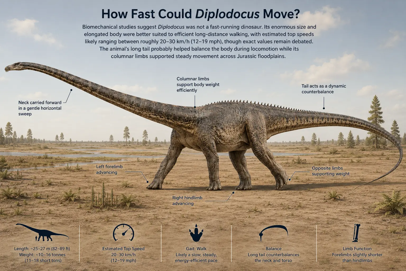 Infographic showing a walking Diplodocus on a Late Jurassic floodplain, highlighting its gait, balance, limb function, and estimated top speed of 20–30 km/h.