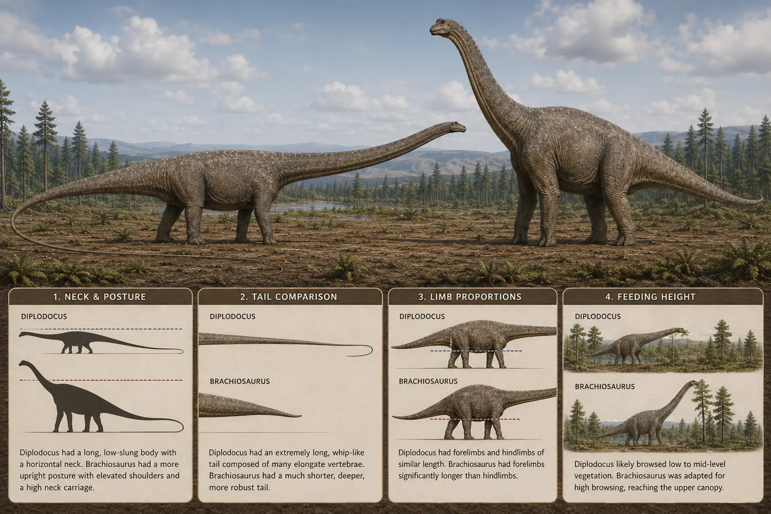 Side-by-side comparison of Diplodocus and Brachiosaurus showing their key anatomical differences. The image highlights Diplodocus’ long low body, horizontal neck, and whip-like tail versus Brachiosaurus’ taller stance, elevated shoulders, longer forelimbs, upright neck posture, and high-browsing feeding strategy.