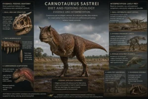 Educational infographic explaining the diet of Carnotaurus sastrei, showing feeding anatomy evidence, skull and tooth structure, a full-body reconstruction, and scientific interpretations of likely prey and feeding behavior.