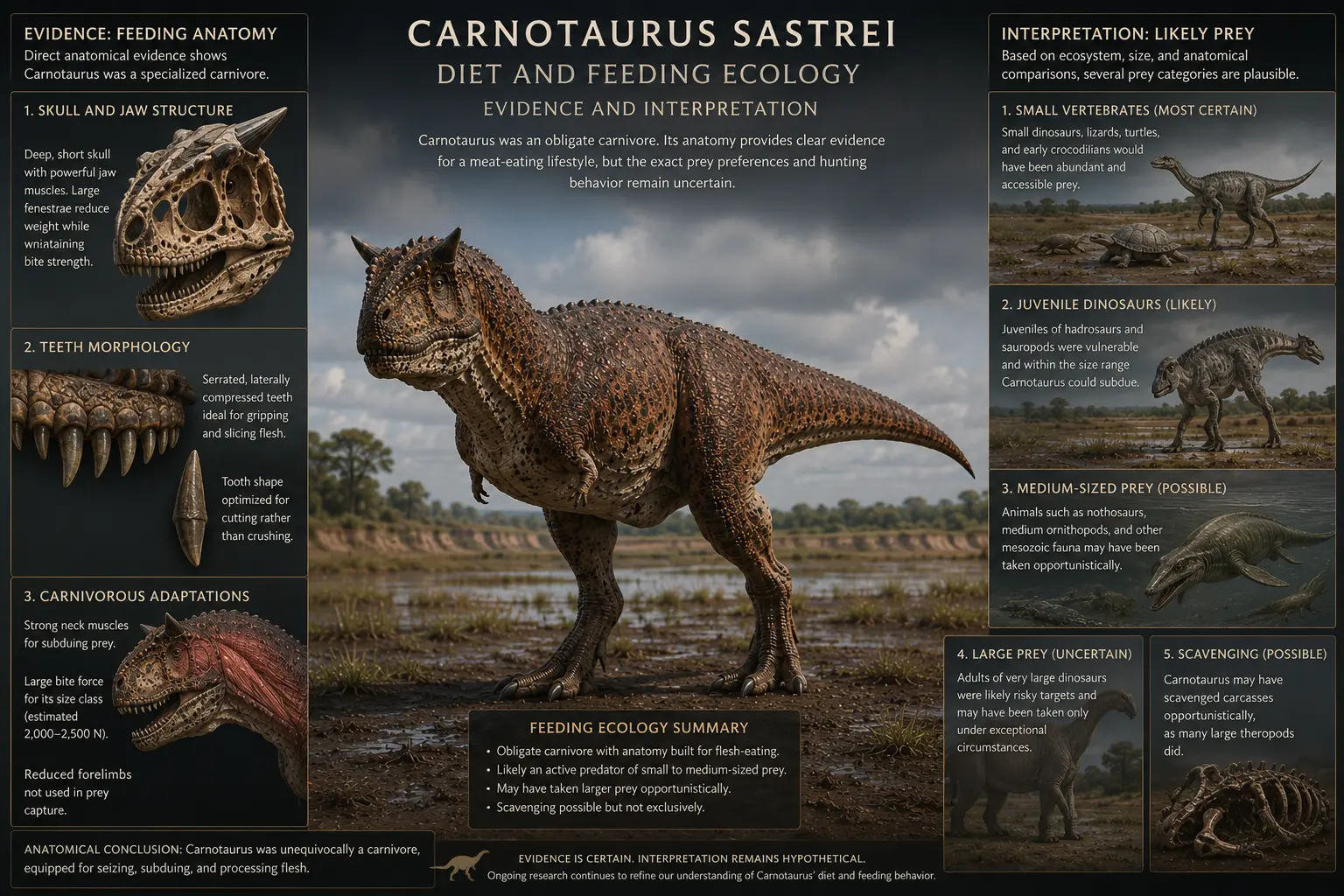 Educational infographic explaining the diet of Carnotaurus sastrei, showing feeding anatomy evidence, skull and tooth structure, a full-body reconstruction, and scientific interpretations of likely prey and feeding behavior.