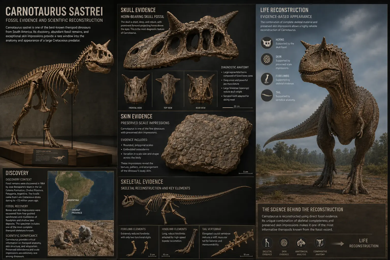 Carnotaurus Fossil History and Discovery: Skeleton, Skin and Scientific Evidence