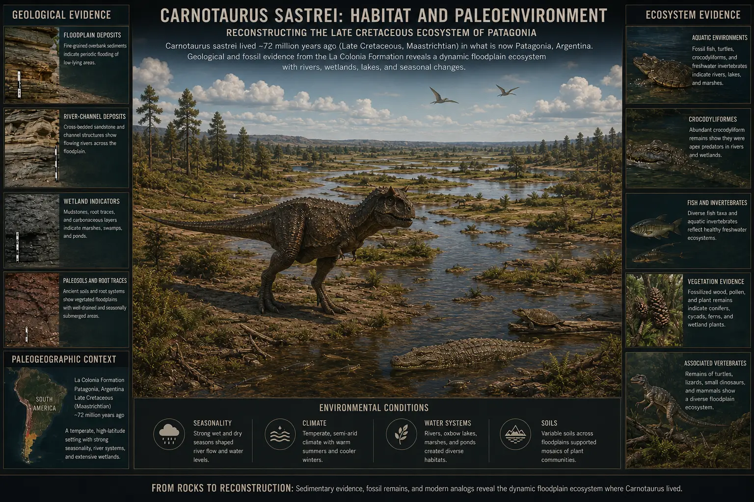 Scientific infographic illustrating the habitat of Carnotaurus sastrei. The image combines geological evidence, floodplain sediments, wetlands, river systems, ecosystem components, and a reconstruction of the Patagonian environment where Carnotaurus lived approximately 72 million years ago.