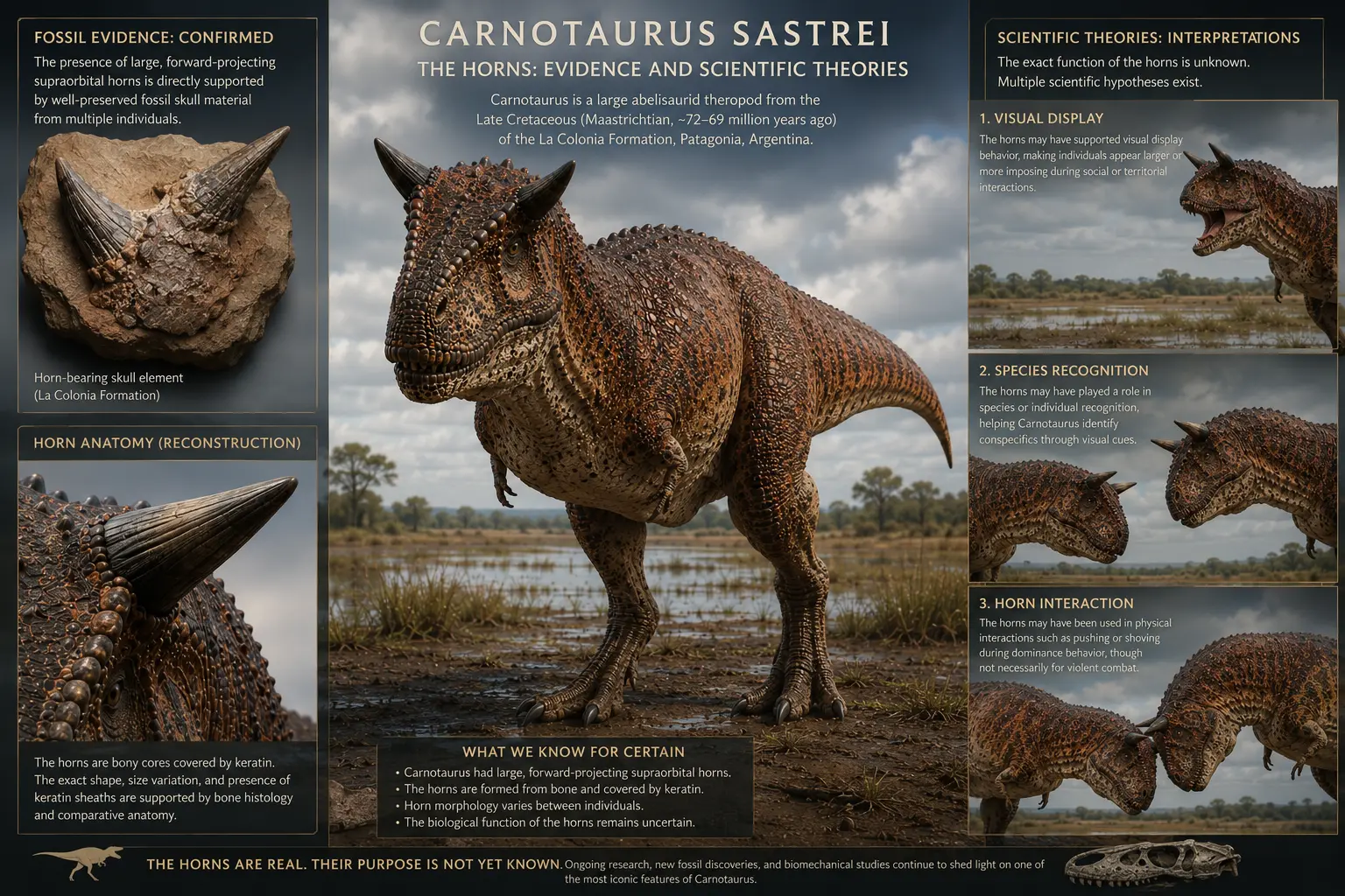 Educational infographic about the horns of Carnotaurus sastrei showing fossil horn evidence, horn anatomy reconstruction, a full-body reconstruction of the dinosaur, and scientific hypotheses including visual display, species recognition, and horn-to-horn interaction.