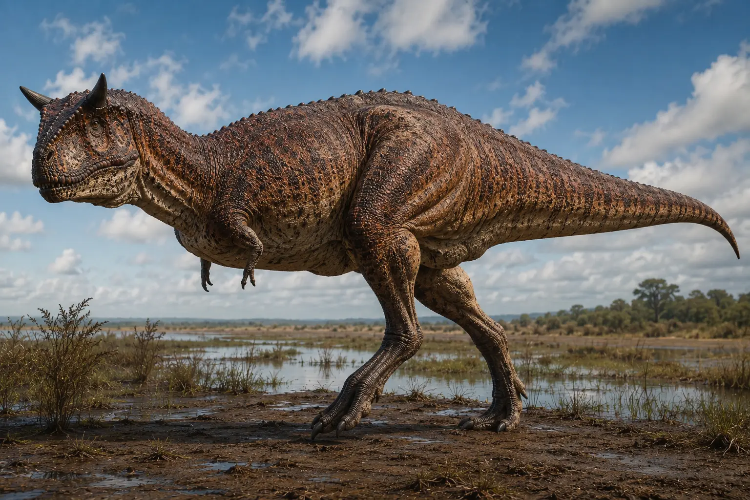 Full-body reconstruction of Carnotaurus sastrei standing in a Late Cretaceous wetland environment, showing its distinctive horns above the eyes, deep short skull, extremely reduced forelimbs, long running-adapted hindlimbs, scaly skin, and muscular tail.