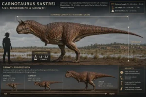Educational infographic showing the size of Carnotaurus sastrei with a human scale comparison, body length and height measurements, estimated mass, and a growth progression from juvenile to adult.