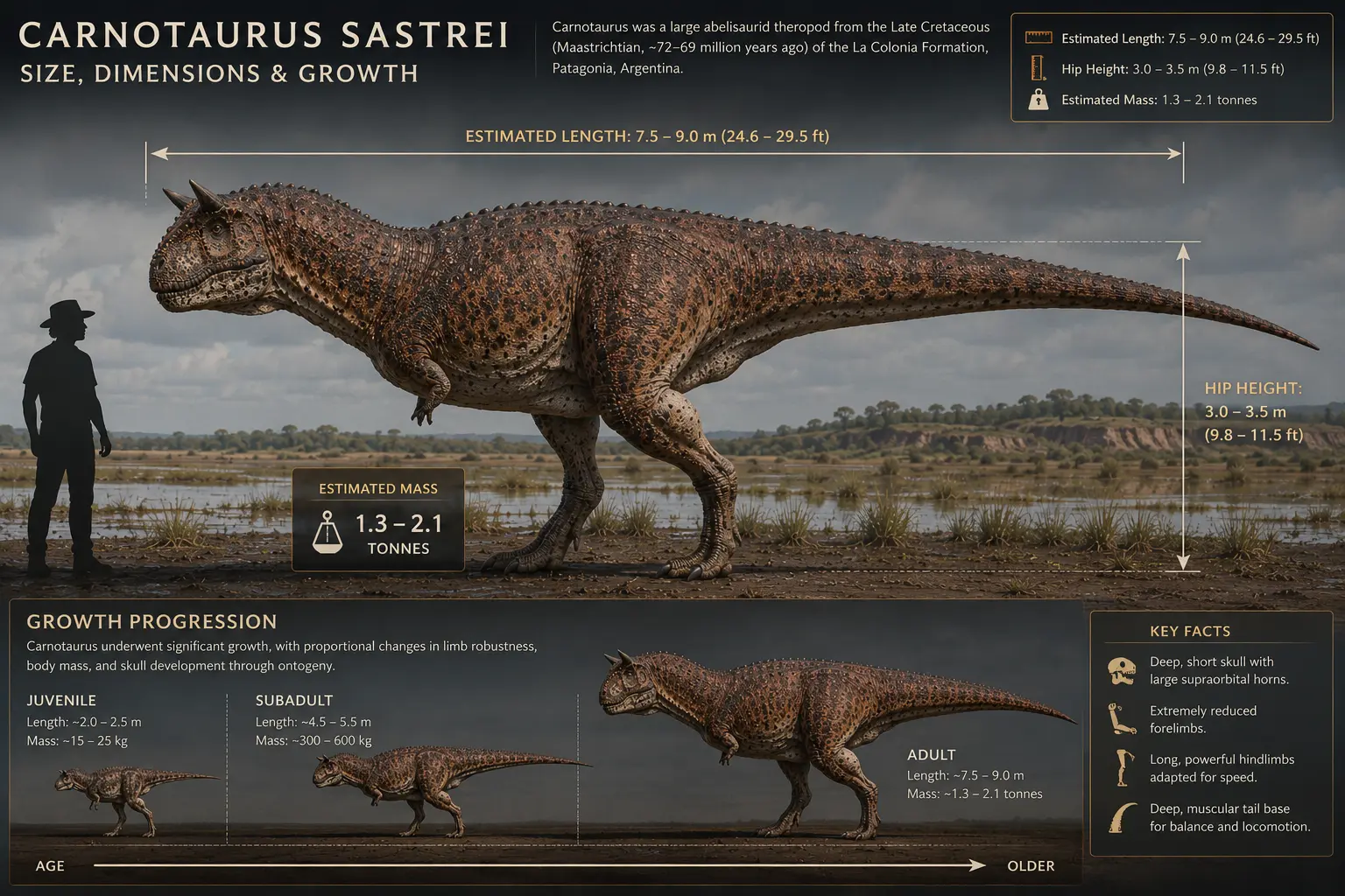Educational infographic showing the size of Carnotaurus sastrei with a human scale comparison, body length and height measurements, estimated mass, and a growth progression from juvenile to adult.