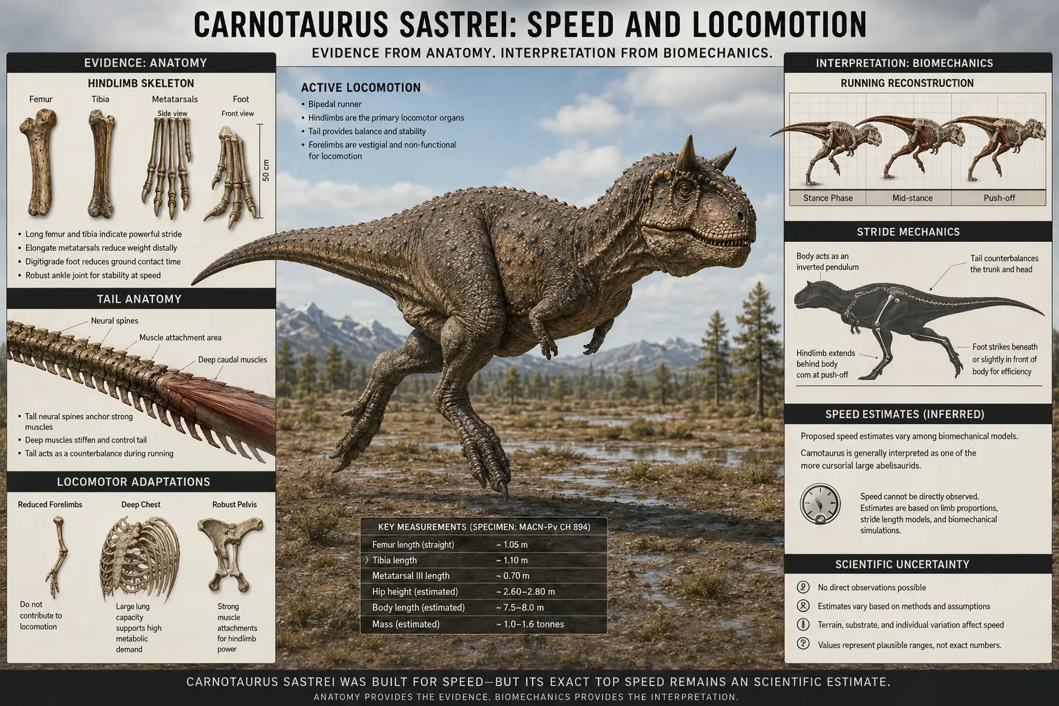 Educational infographic explaining the running ability of Carnotaurus sastrei, featuring hindlimb anatomy, tail biomechanics, locomotor adaptations, running reconstruction, and biomechanical interpretations used to estimate speed.