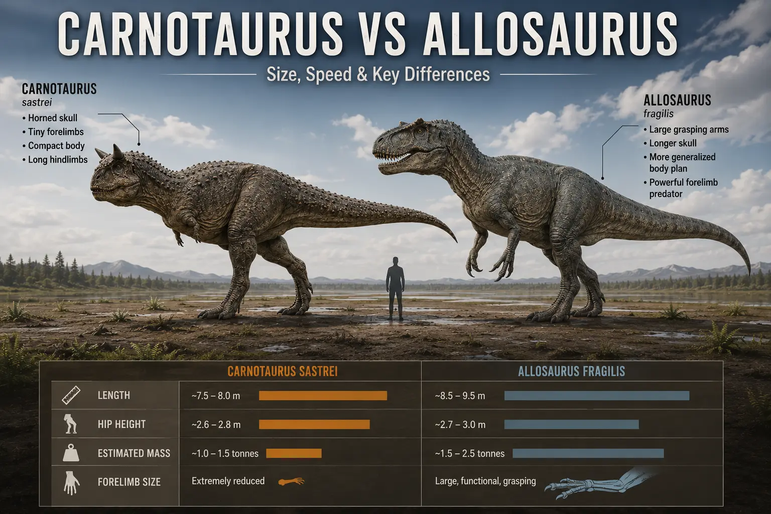 Side-by-side scientific comparison of Carnotaurus sastrei and Allosaurus fragilis showing body size, estimated mass, forelimb anatomy, hindlimb proportions, and key anatomical differences between two large theropod predators.
