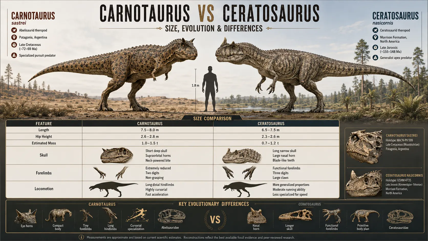 Scientific comparison infographic of Carnotaurus sastrei and Ceratosaurus nasicornis showing body size, skull anatomy, forelimb structure, locomotor adaptations, fossil evidence, and evolutionary differences between the two ceratosaur theropods.