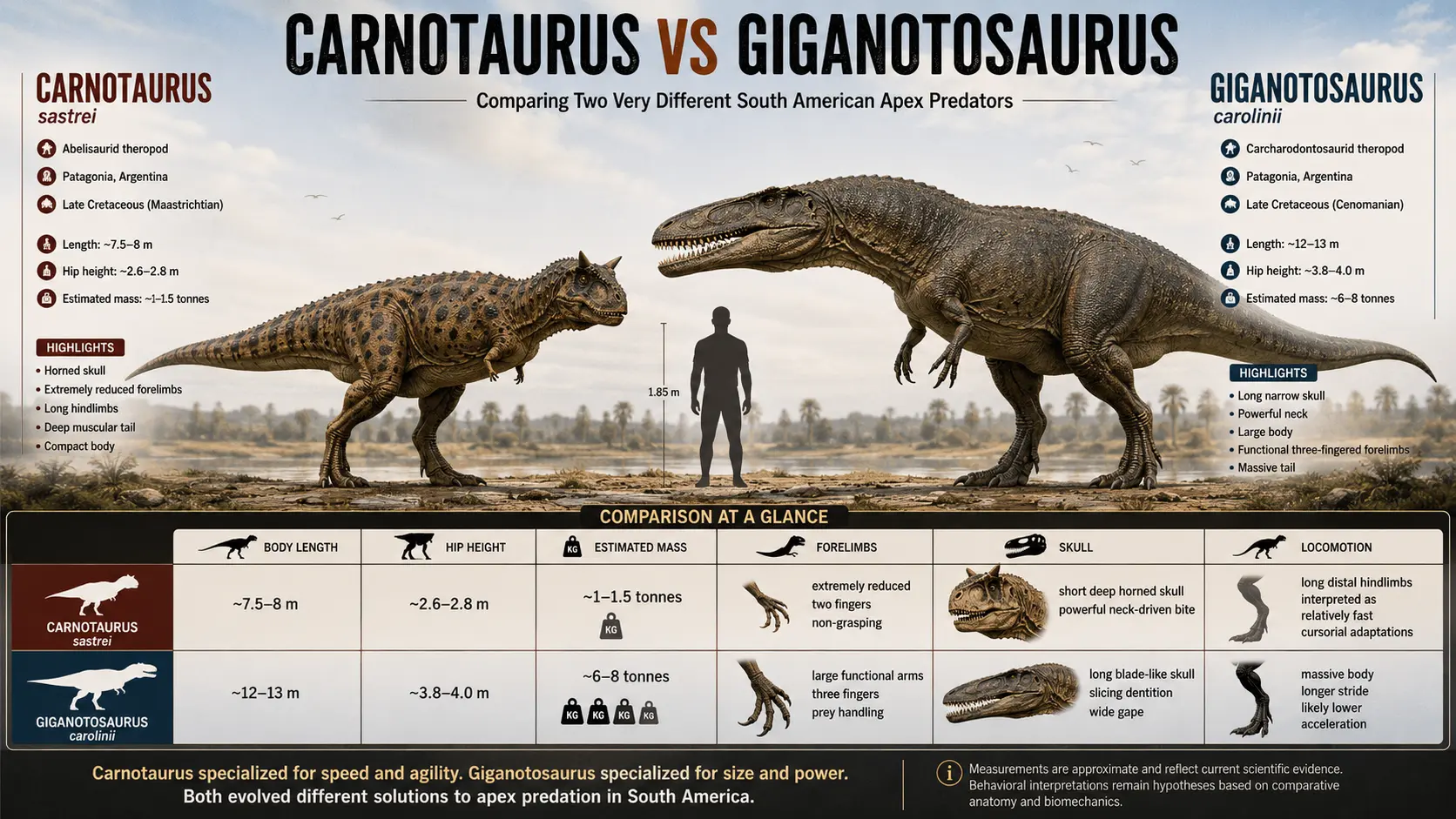 Scientific comparison of Carnotaurus sastrei and Giganotosaurus carolinii showing differences in size, skull anatomy, body proportions, forelimbs, estimated mass, locomotion, and evolutionary adaptations based on fossil evidence.