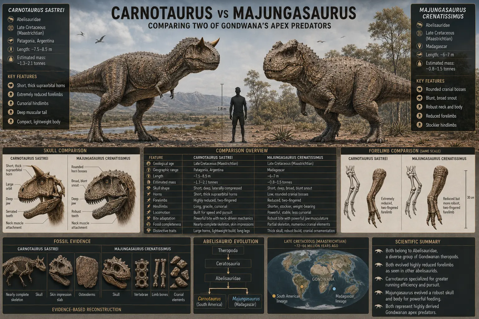Carnotaurus vs Majungasaurus comparison infographic showing size, skull anatomy, horns, forelimbs, fossil evidence, evolutionary relationships within Abelisauridae, and scientific differences between the two Late Cretaceous apex predators.