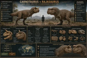 Comparison infographic of Carnotaurus and Rajasaurus showing size, skull anatomy, horns, reduced forelimbs, fossil evidence, and Gondwanan evolution during the Late Cretaceous.