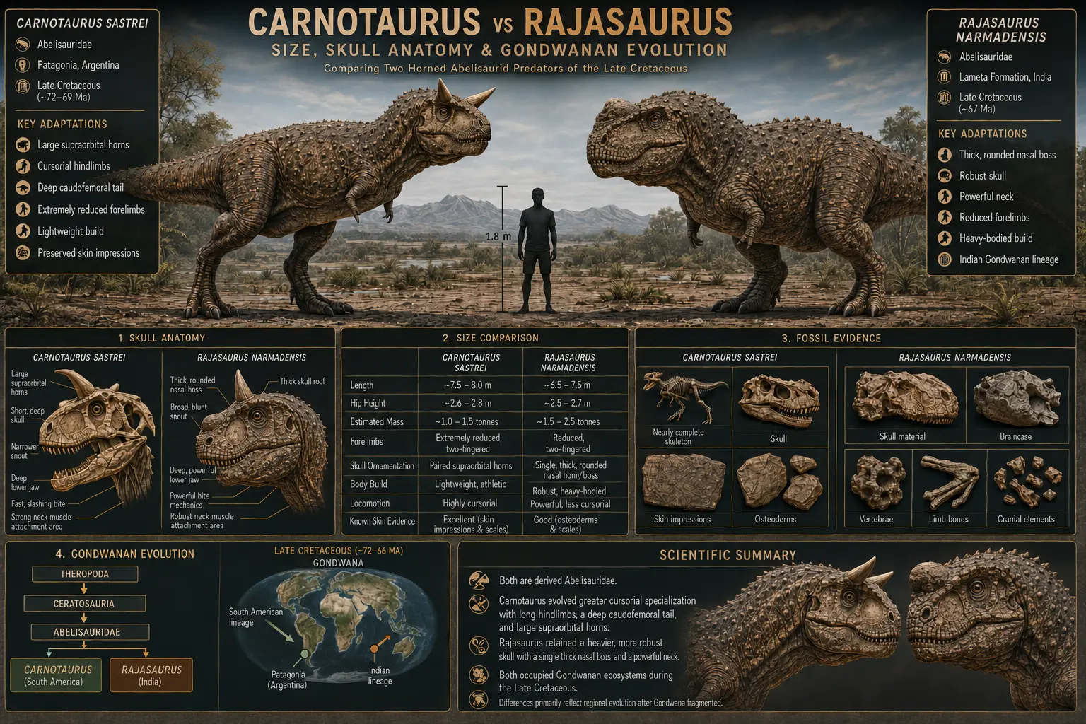Comparison infographic of Carnotaurus and Rajasaurus showing size, skull anatomy, horns, reduced forelimbs, fossil evidence, and Gondwanan evolution during the Late Cretaceous.
