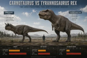 Scientific comparison of Carnotaurus sastrei and Tyrannosaurus rex shown at equal scale with a human silhouette, highlighting differences in size, hip height, body mass, skull shape, forelimb reduction, and overall anatomy.