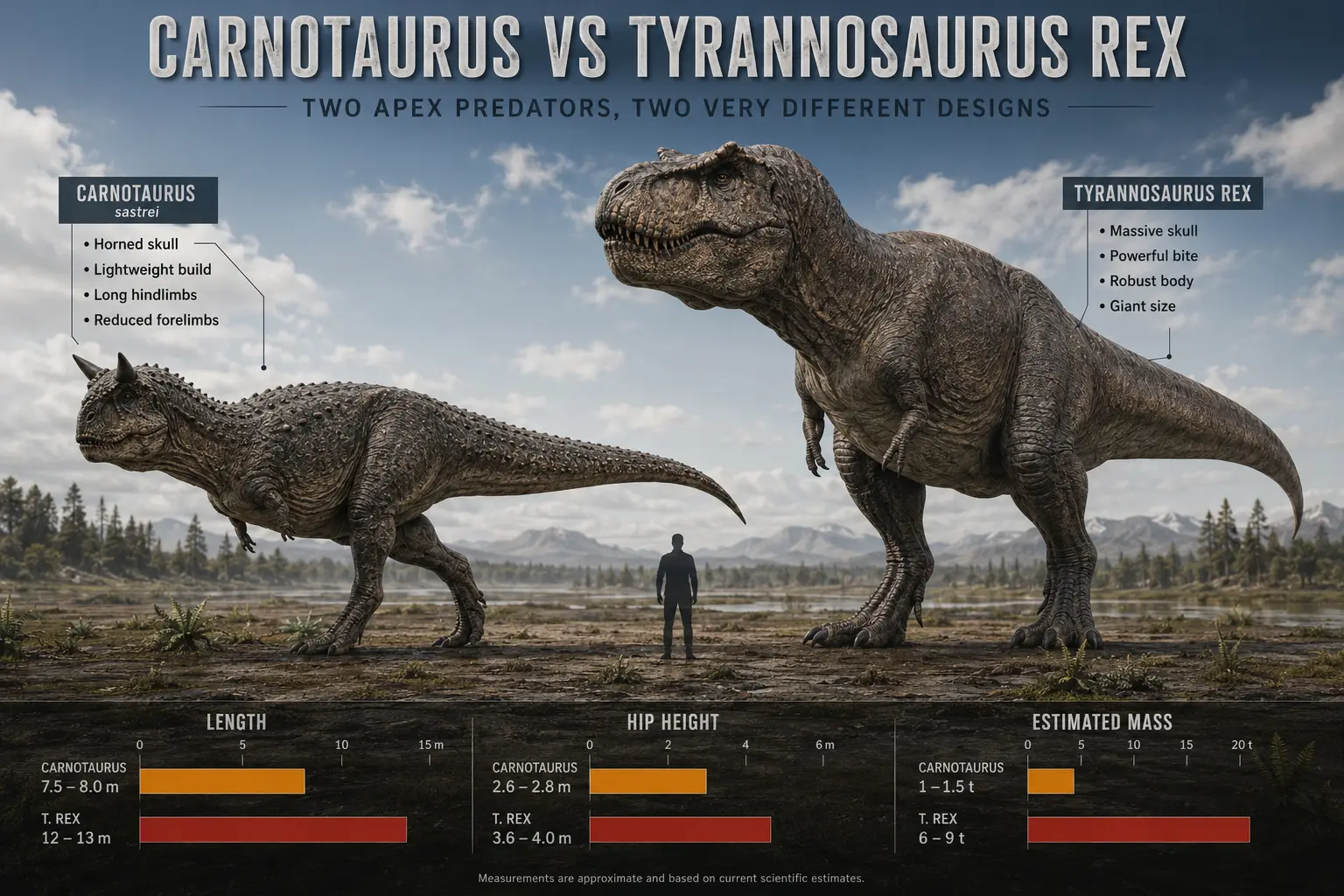 Scientific comparison of Carnotaurus sastrei and Tyrannosaurus rex shown at equal scale with a human silhouette, highlighting differences in size, hip height, body mass, skull shape, forelimb reduction, and overall anatomy.
