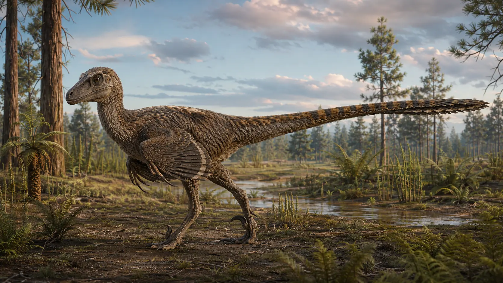 Scientifically accurate reconstruction of Deinonychus antirrhopus, a feathered Early Cretaceous dromaeosaur, walking across a Cloverly Formation floodplain with folded wing feathers, a raised sickle claw, and a long stiffened tail.