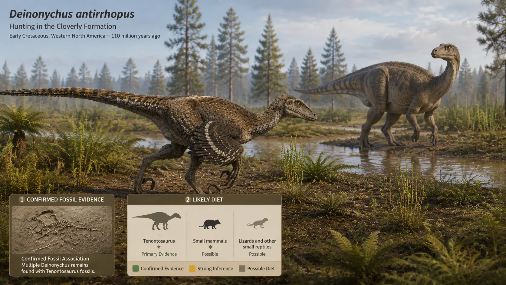 Scientifically accurate reconstruction of Deinonychus antirrhopus stalking a subadult Tenontosaurus in the Early Cretaceous Cloverly Formation. The educational infographic explains fossil evidence linking Deinonychus with Tenontosaurus and illustrates likely prey, including ornithopod dinosaurs, small mammals, and reptiles.