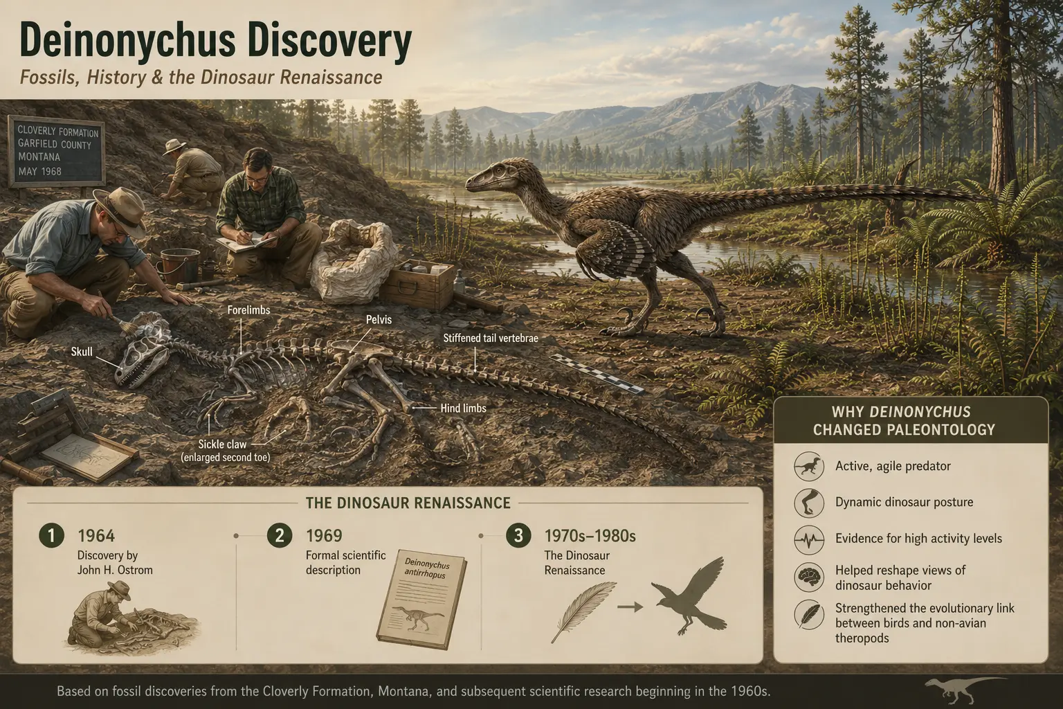 Museum-style educational illustration showing the discovery of Deinonychus antirrhopus, including a Cloverly Formation fossil excavation, labeled skeletal remains, a scientifically accurate life reconstruction, a timeline of its discovery and formal description, and an explanation of its role in the Dinosaur Renaissance.