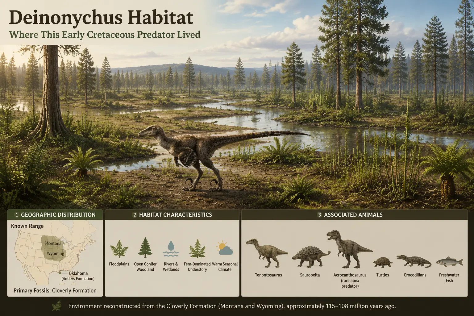Museum-style habitat reconstruction showing Deinonychus antirrhopus in the Early Cretaceous Cloverly Formation of western North America. The educational infographic illustrates its floodplain environment, geographic distribution, habitat characteristics, and associated animals including Tenontosaurus, Sauropelta, Acrocanthosaurus, turtles, crocodilians, and freshwater fish.