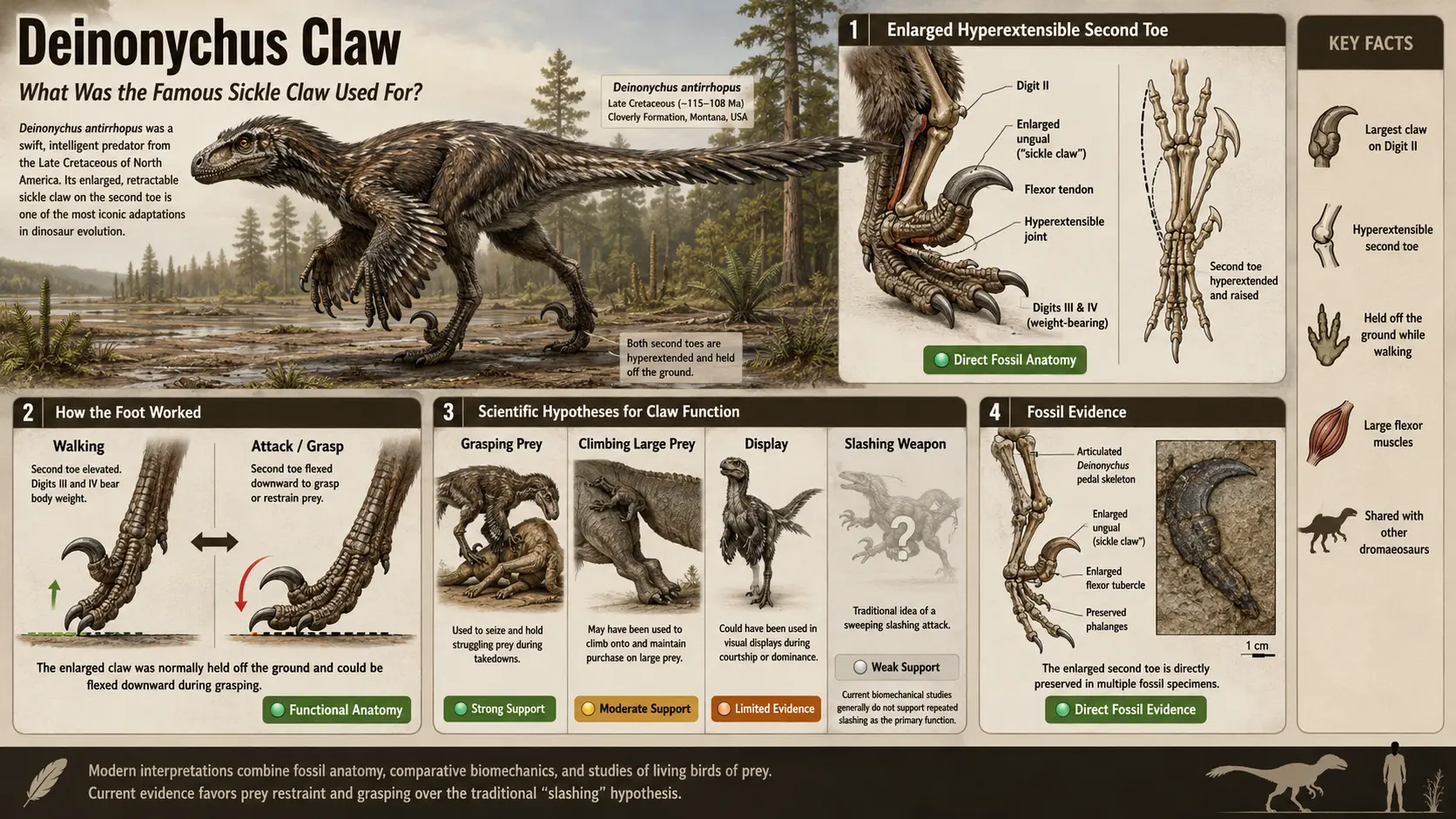 Museum-style infographic explaining the enlarged sickle claw of Deinonychus antirrhopus. The illustration shows a feathered reconstruction, detailed foot anatomy, walking versus grasping mechanics, fossil evidence, and evidence-based hypotheses for the claw's function, including prey restraint, climbing large prey, display, and the traditional slashing hypothesis.