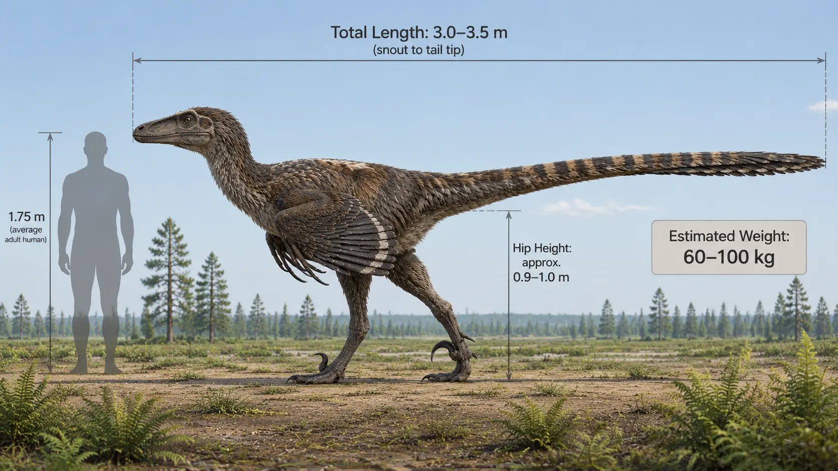 Scientifically accurate size comparison of Deinonychus antirrhopus showing total length of 3.0–3.5 meters, hip height of approximately 0.9–1.0 meters, estimated weight of 60–100 kilograms, and comparison with an average adult human.