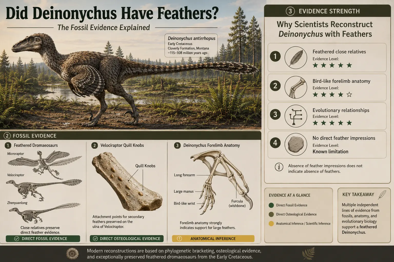 Museum-style educational infographic explaining the scientific evidence that Deinonychus antirrhopus was feathered. The illustration features a fully feathered life reconstruction alongside evidence from feathered dromaeosaurs, Velociraptor quill knobs, Deinonychus forelimb anatomy, and evolutionary relationships supporting feathered reconstructions.