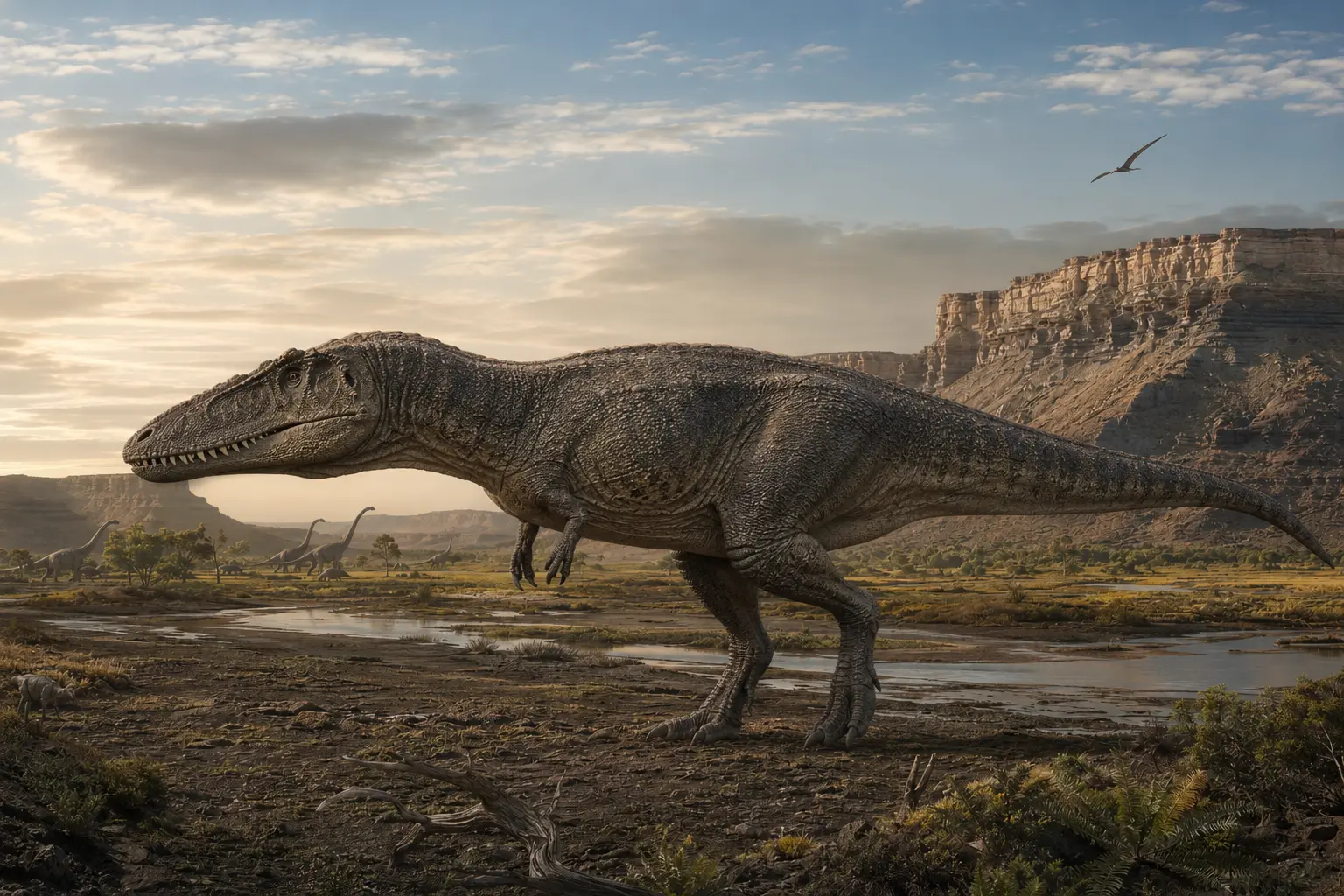 Scientific reconstruction of Giganotosaurus carolinii in the Candeleros Formation of Patagonia during the Early Cenomanian about 99.6 to 97 million years ago.