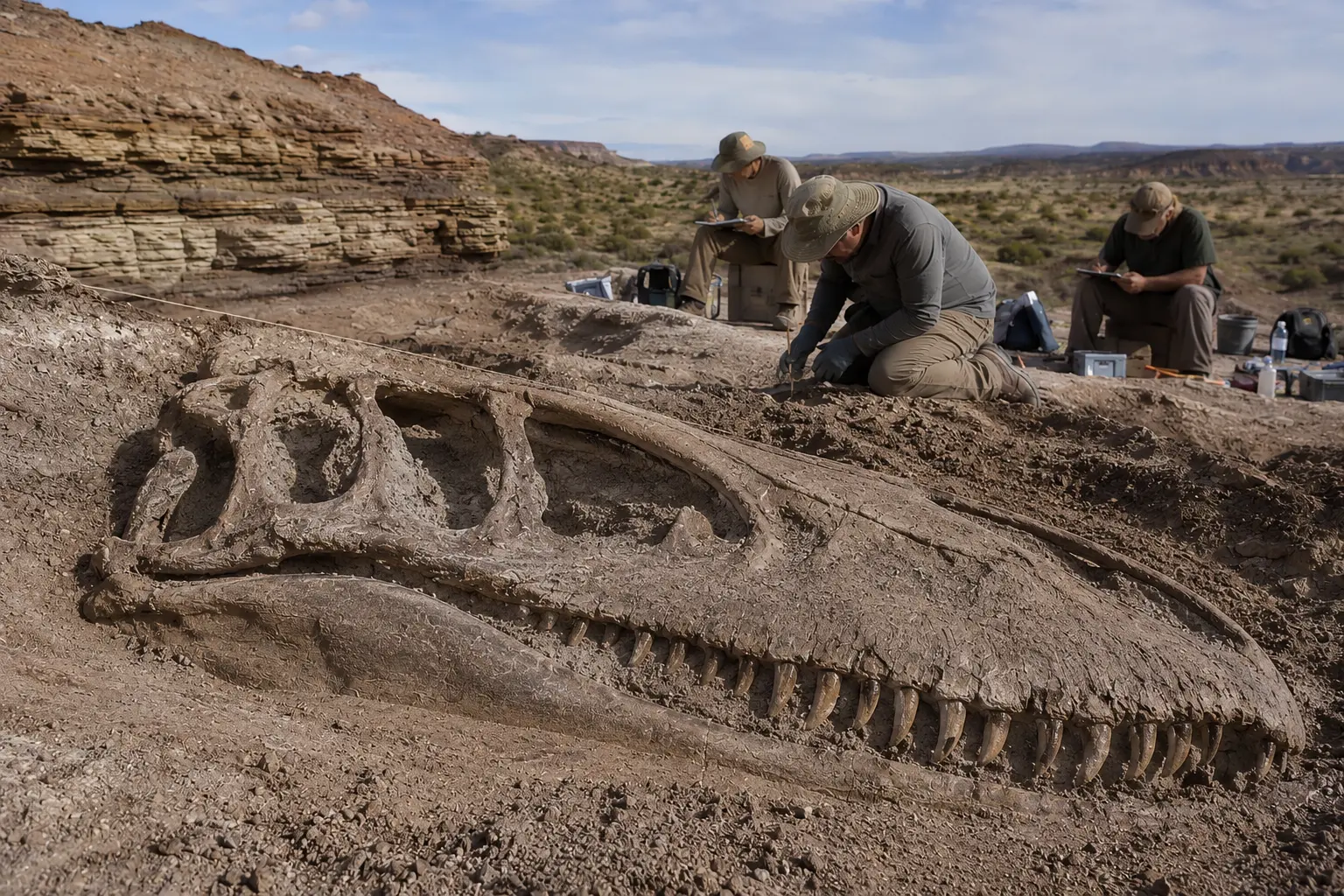 Paleontologists excavate a large Giganotosaurus carolinii skull fossil from sedimentary rocks in Patagonia, Argentina, illustrating how the giant carcharodontosaurid dinosaur was discovered in the Candeleros Formation.