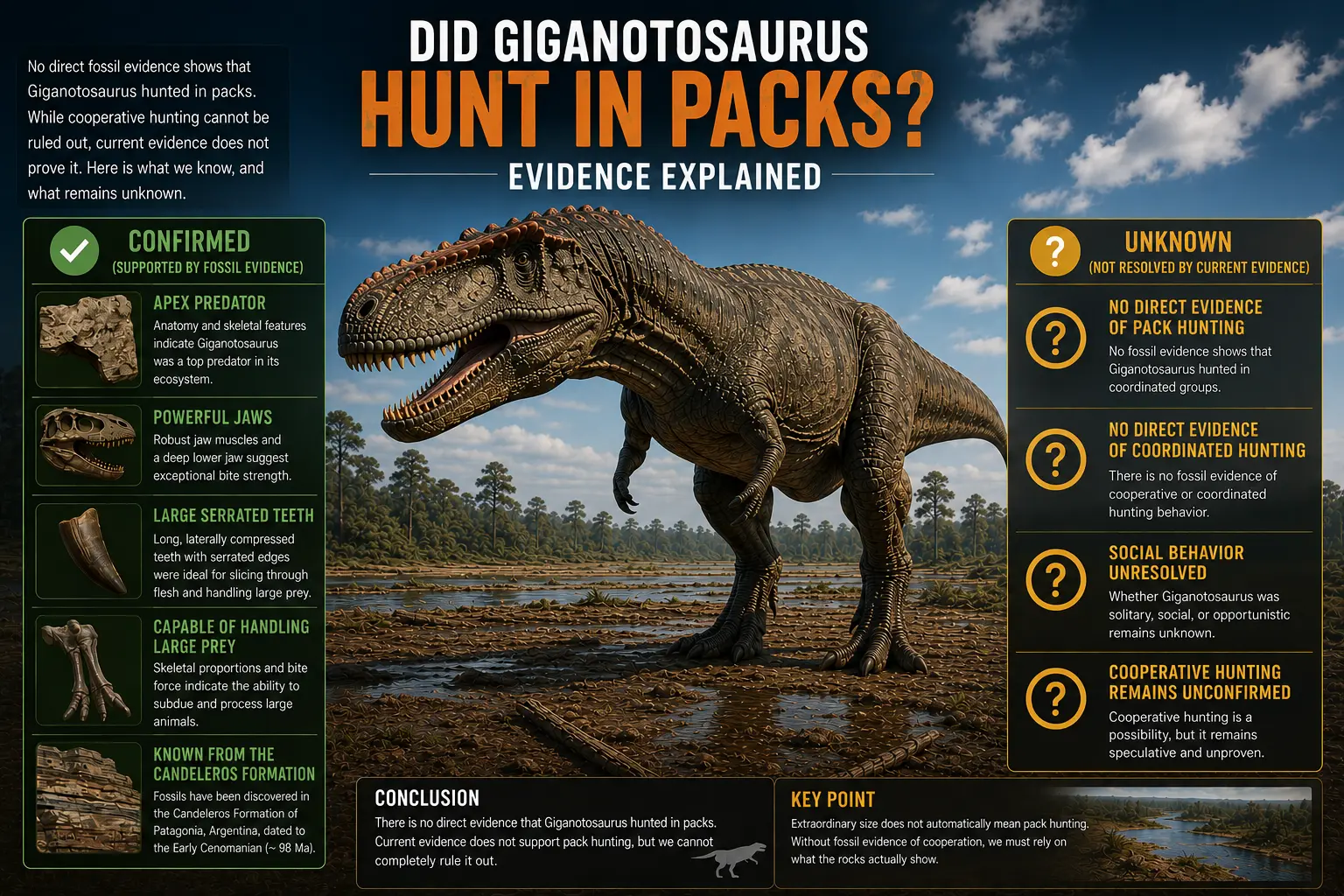 Educational infographic showing a scientifically reconstructed Giganotosaurus carolinii standing alone in a Candeleros Formation floodplain. The image contrasts confirmed evidence about the animal's anatomy and ecology with unknown aspects of its social behavior, emphasizing that there is no direct evidence for pack hunting.
