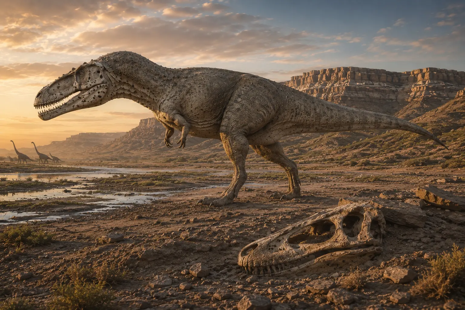 Life reconstruction of Giganotosaurus carolinii in Early Cenomanian Patagonia with a fossil skull in the foreground, illustrating the dinosaur behind the name Giganotosaurus.