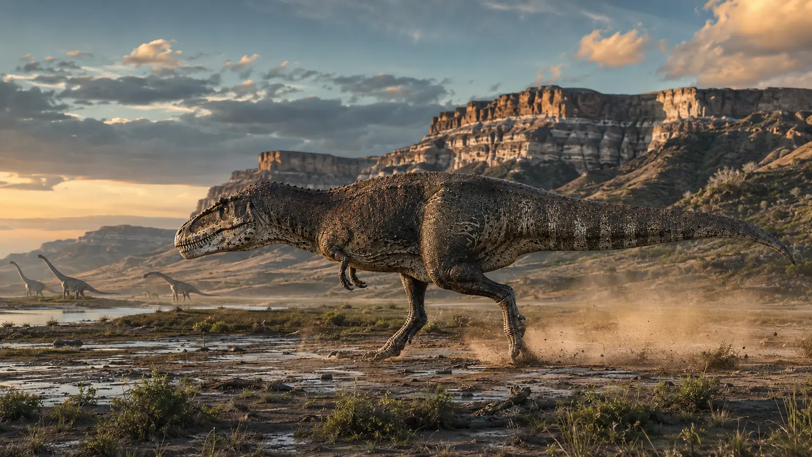 Scientifically reconstructed Giganotosaurus carolinii moving across a braided river floodplain in the Candeleros Formation of Patagonia during the Early Cenomanian, illustrating large theropod locomotion and estimated running speed.