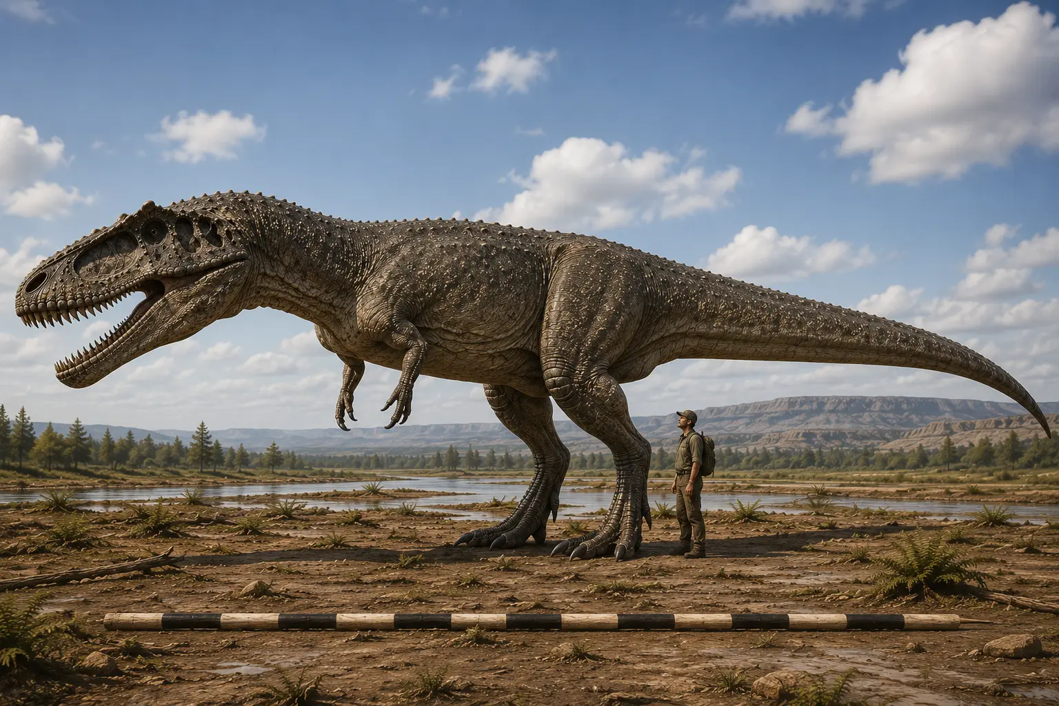 Size comparison showing an adult Giganotosaurus carolinii beside a human in the Early Cenomanian Candeleros Formation of Patagonia, illustrating the immense scale of one of the largest known theropod dinosaurs.