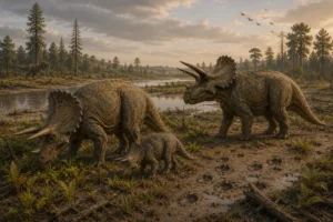 Scientific reconstruction of three Triceratops horridus in the Hell Creek ecosystem showing natural behavior, with two adults and a juvenile browsing low vegetation, footprints preserved in soft mud, and a distant Tyrannosaurus rex illustrating predator awareness on a Late Cretaceous river floodplain.