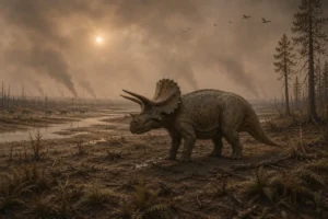 Scientific reconstruction of an adult Triceratops horridus living in the aftermath of the Chicxulub asteroid impact, showing a darkened Hell Creek floodplain with dust-filled skies, stressed vegetation, distant wildfire smoke, and environmental collapse during the Cretaceous–Paleogene (K–Pg) mass extinction 66 million years ago.