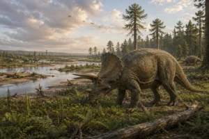 Scientific reconstruction of an adult Triceratops horridus browsing on a Late Cretaceous Hell Creek floodplain beside a meandering river, surrounded by conifer woodland, ferns, flowering plants, distant hadrosaurs, and an ankylosaur, illustrating the warm, seasonal habitat where Triceratops lived approximately 68–66 million years ago.